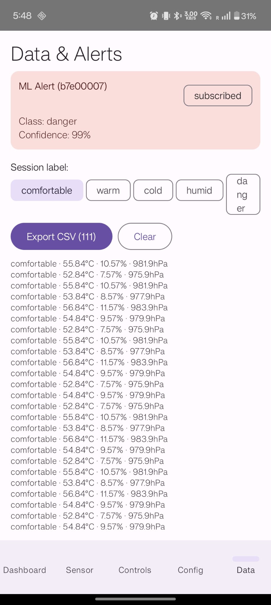 ML alerts in the Android app
